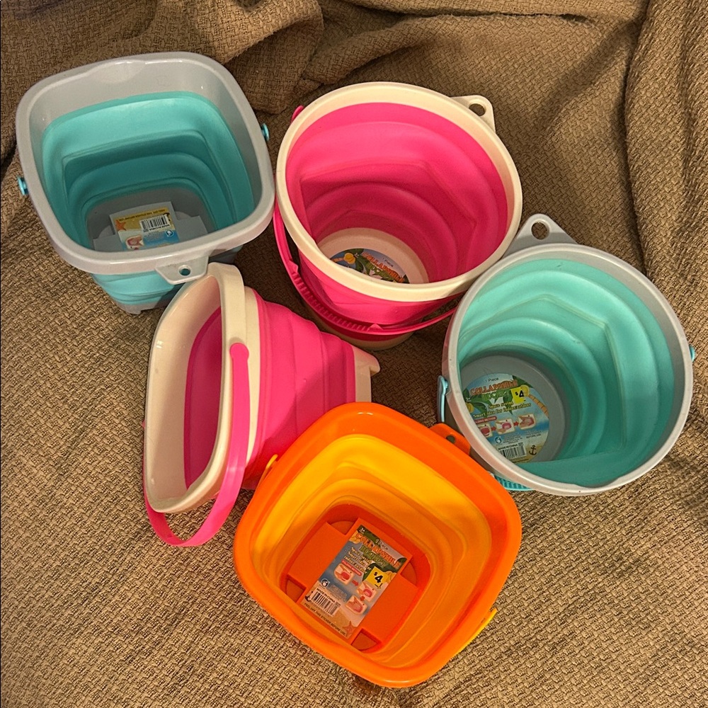 Collapsible Kids Beach Buckets - Pink, Teal & Orange